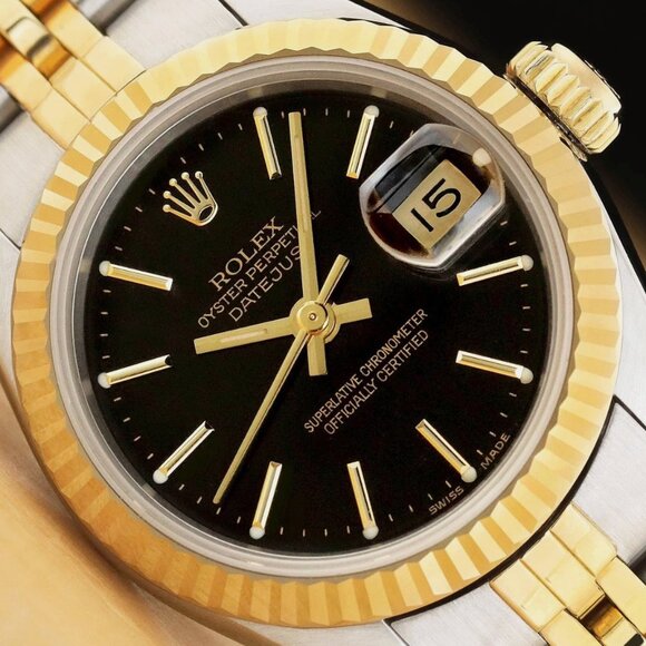 ROLEX LADIES 18KT DATEJUST BLACK DIAL GOLD STEEL WATCH BOX main image 7